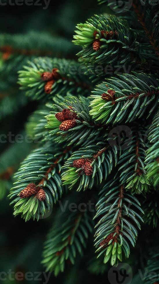 Close-up view of evergreen branches with fresh green needles and young pine cones in a forest during spring photo