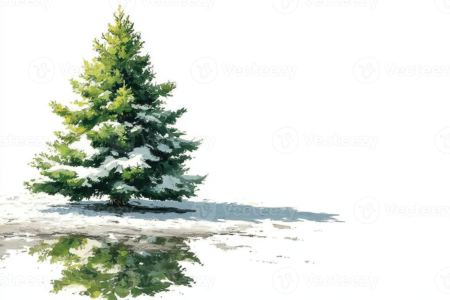 Evergreen tree with snow in winter landscape reflecting in water under clear sky photo