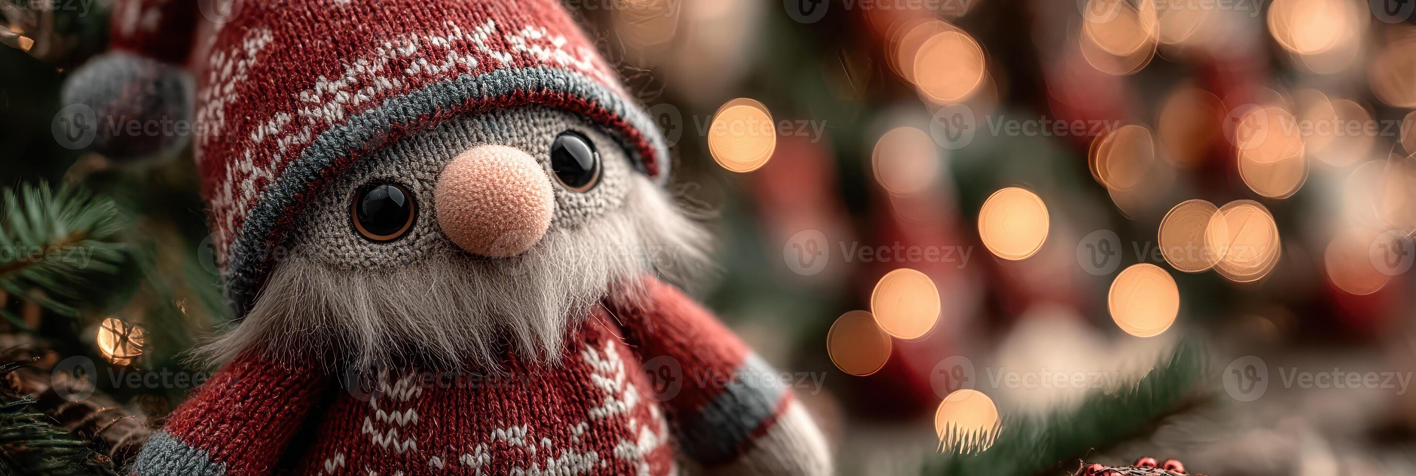 Festive gnome decoration brings holiday cheer in a cozy setting with lights and evergreen photo