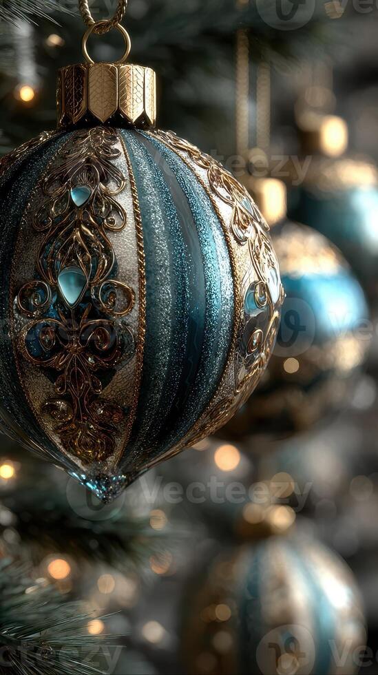 Beautifully decorated ornaments hang from a Christmas tree, showcasing intricate designs and blue tones during the festive season photo