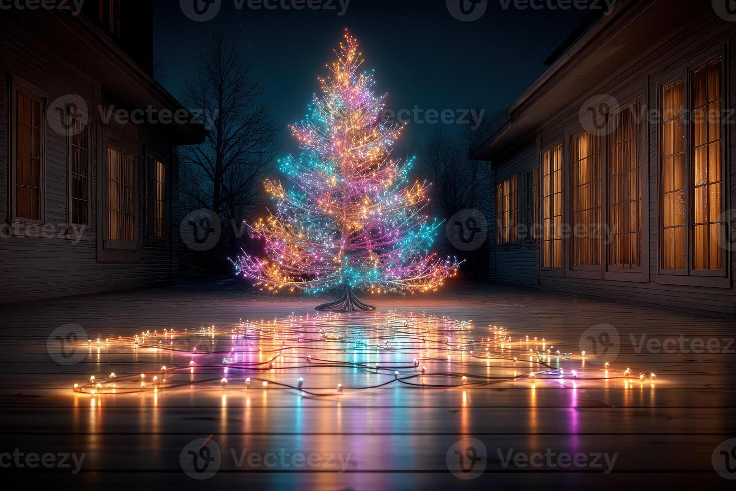 Colorful and vibrant Christmas tree illuminated at night on a cozy porch during the festive season photo