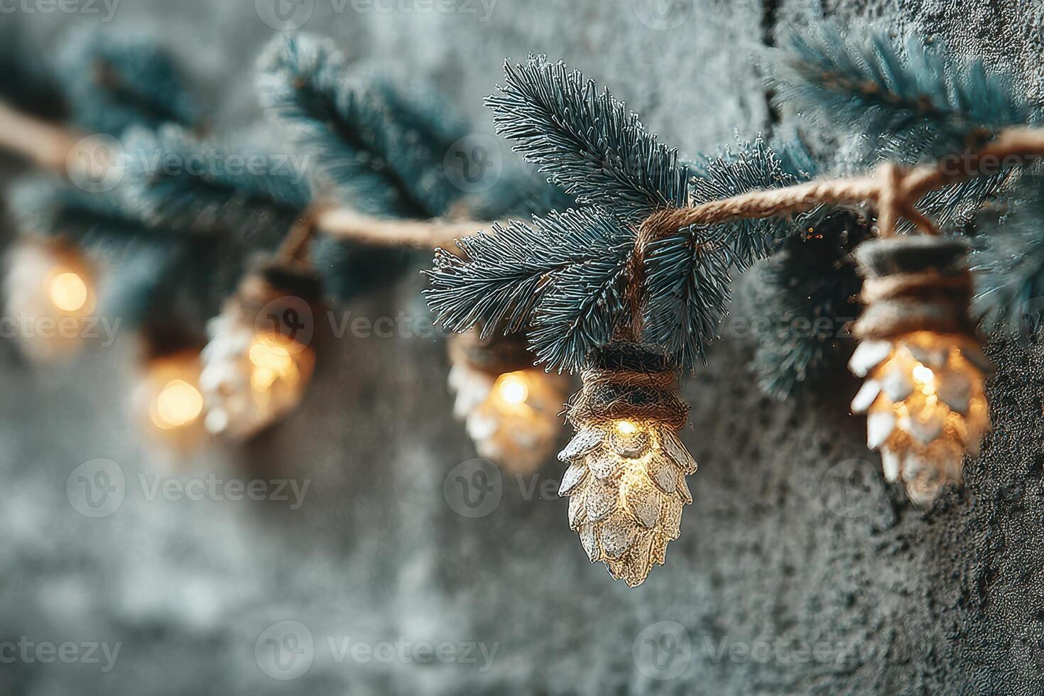 Decorative pine cone string lights create a warm atmosphere along a rustic wall in a cozy setting during the holiday season photo