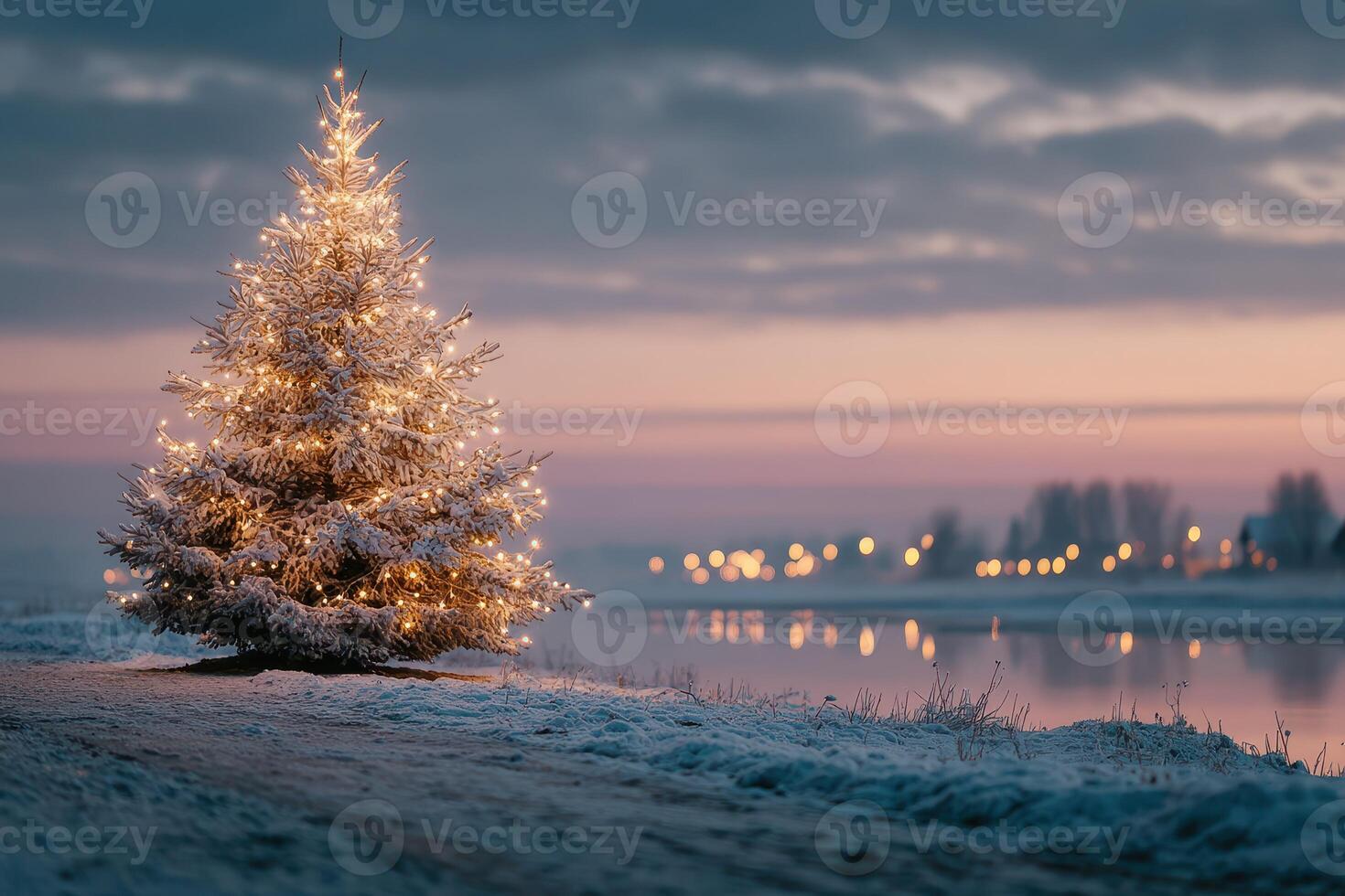 Beautifully lit Christmas tree beside a serene river at sunset in winter landscape photo