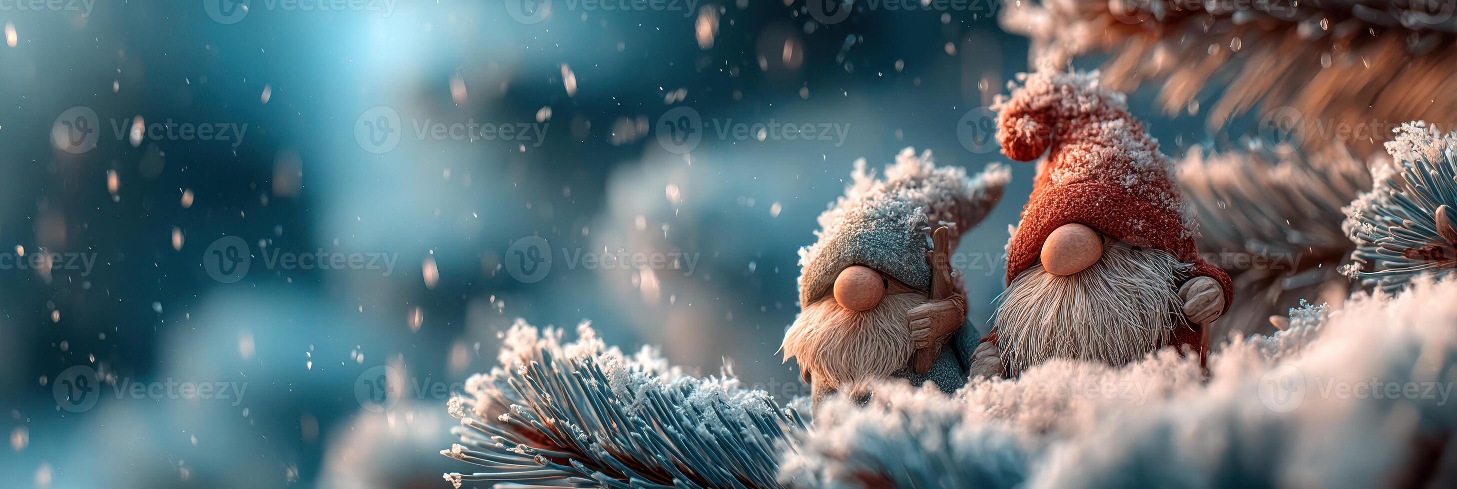 Two cheerful gnomes with snowy hats sit together on a frosty tree branch during wintertime in a serene forest setting photo
