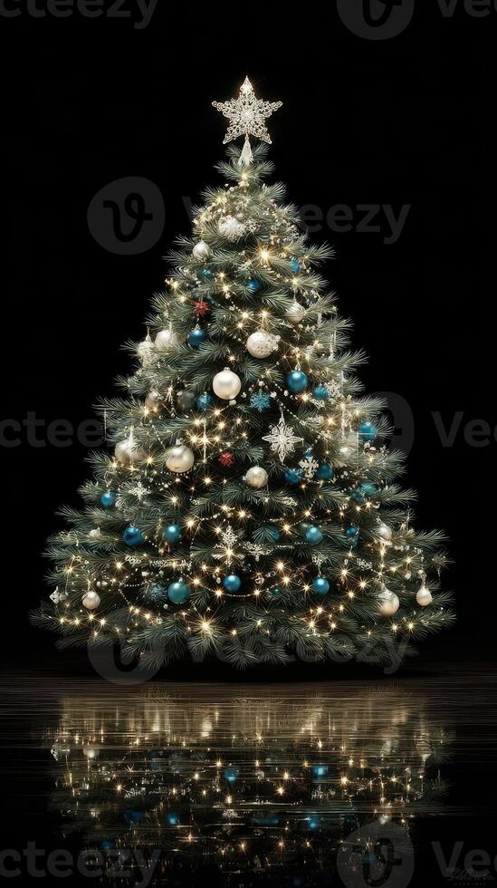 Elegant Christmas tree adorned with white and blue ornaments illuminated against a dark background photo