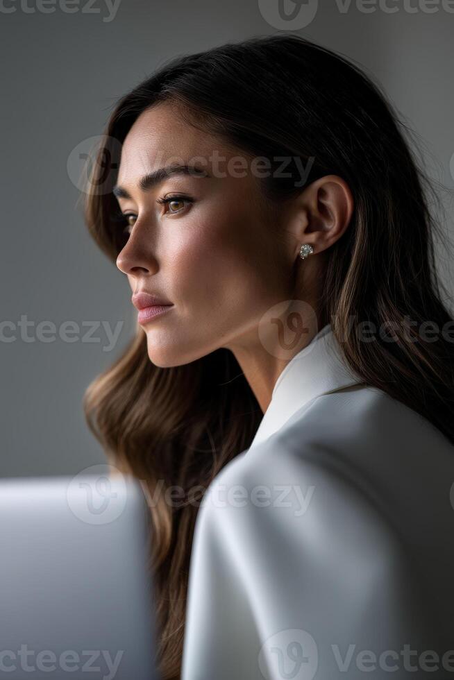 Woman in profile looking contemplative by a window photo