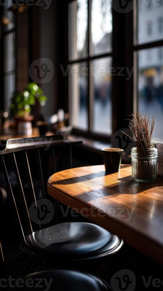 Cozy cafe table with coffee and plants in soft daylight photo