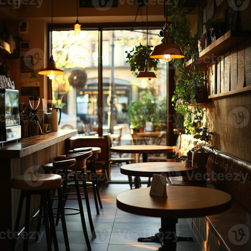 Cozy cafe interior with natural light and greenery photo