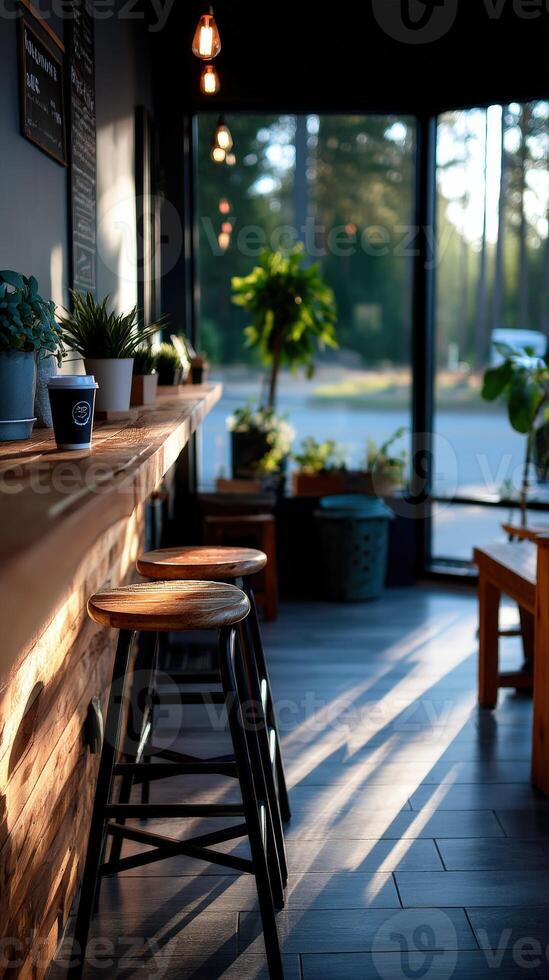 Cozy interior of a cafe with natural light at sunset photo