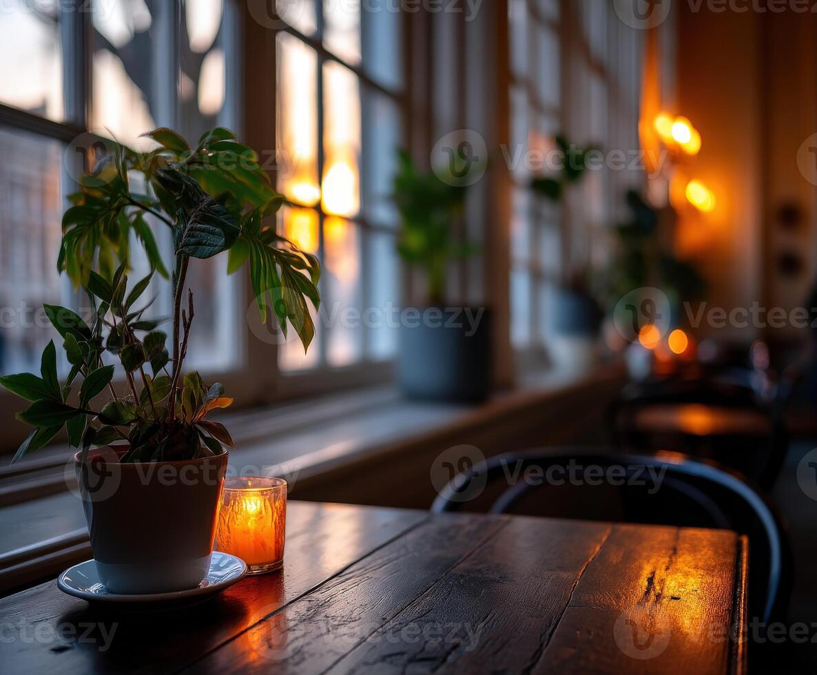 A table with a plant and candles sitting in front of a window photo