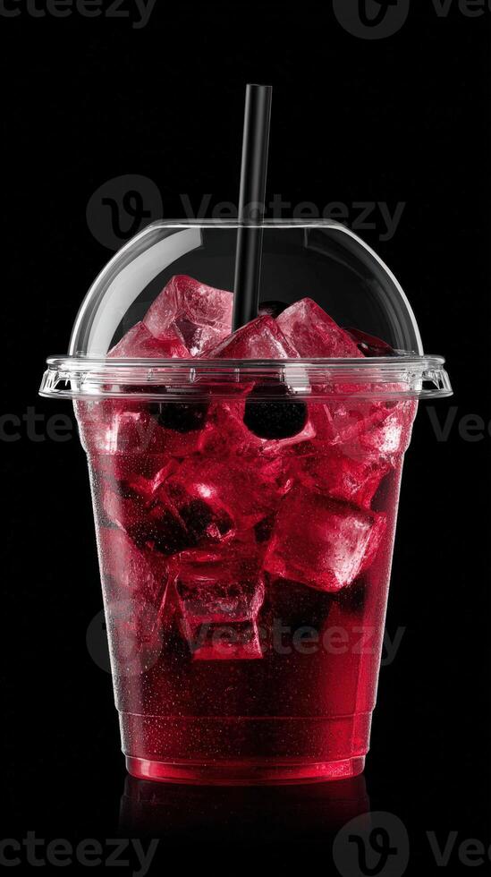 Red drink in clear cup with ice on dark backdrop photo