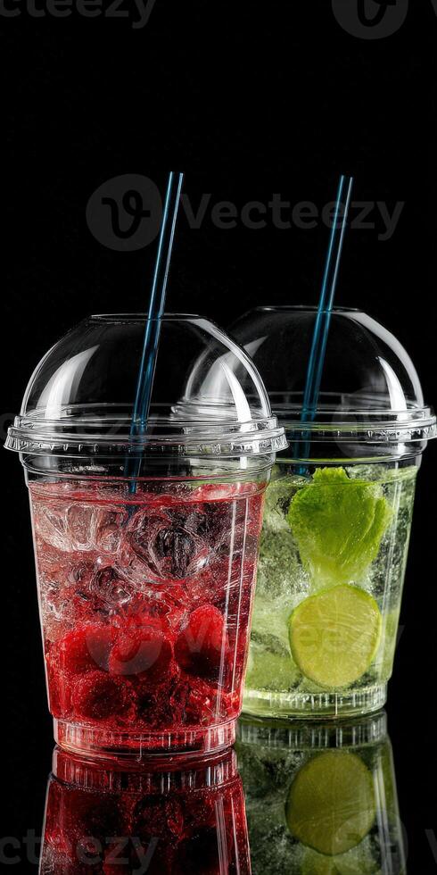 Refreshing berry and lime drinks in clear cups shining bright photo