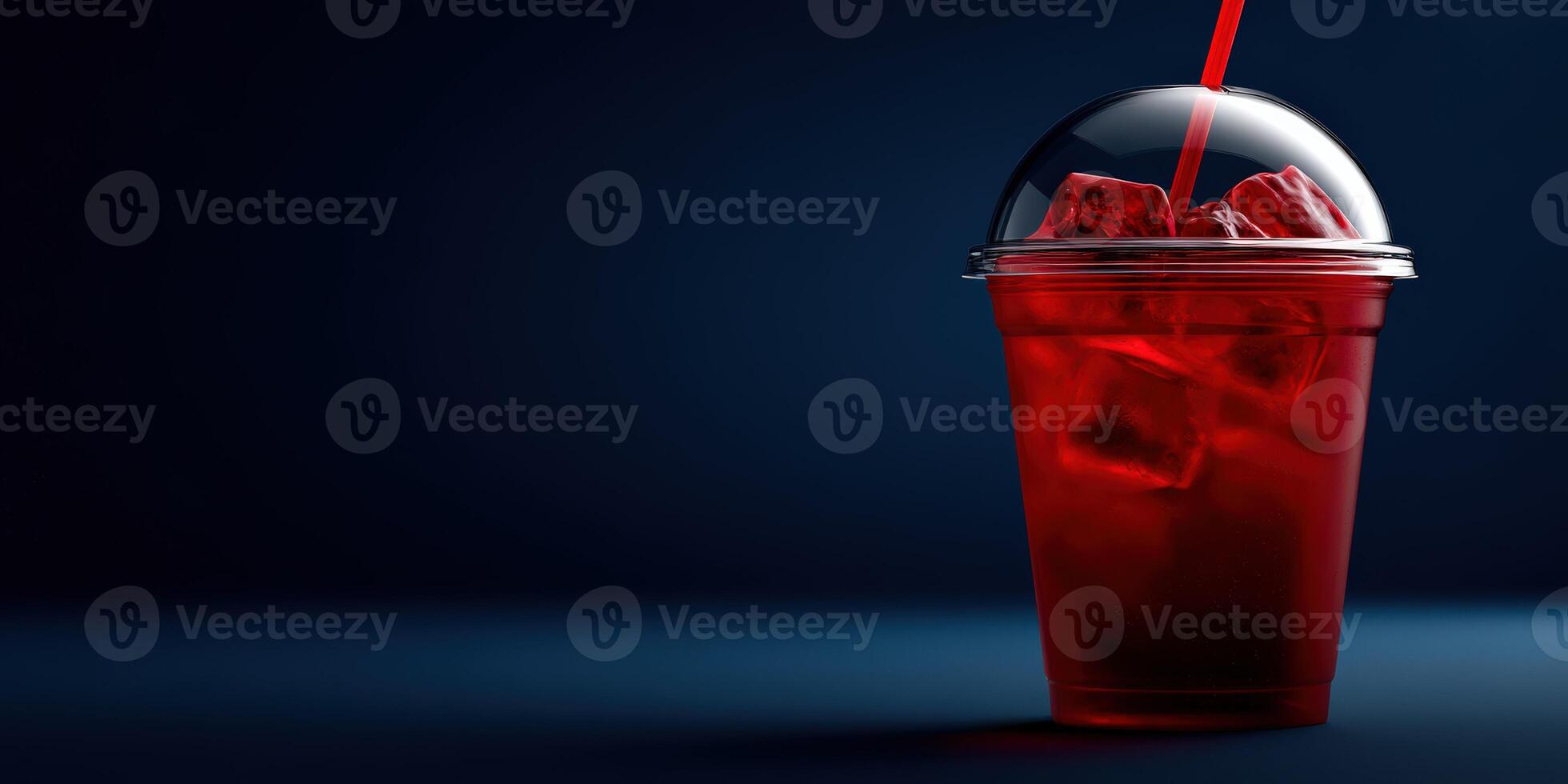 Refreshing red drink in clear cup with ice and straw photo