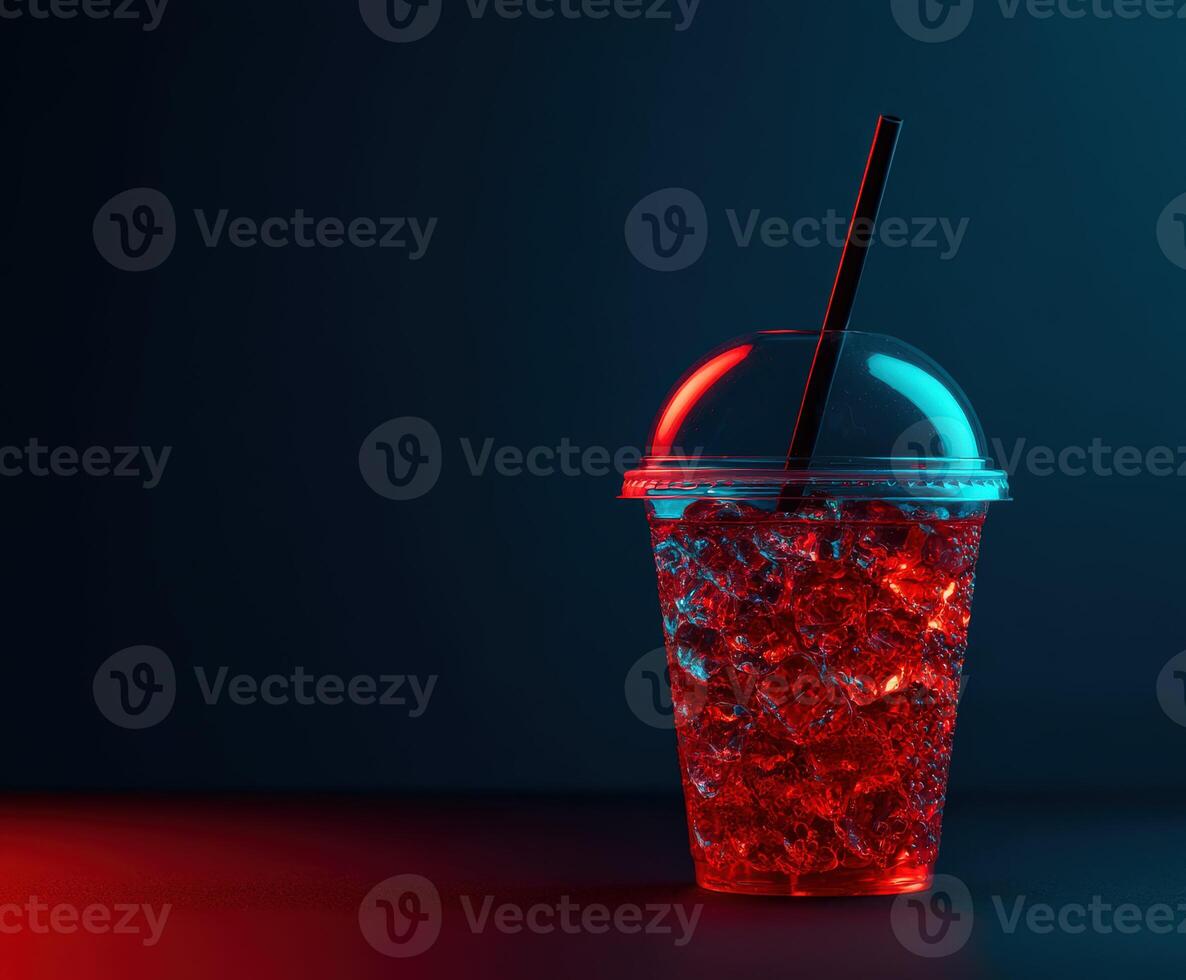 Colorful drink in a transparent cup with a straw at night photo
