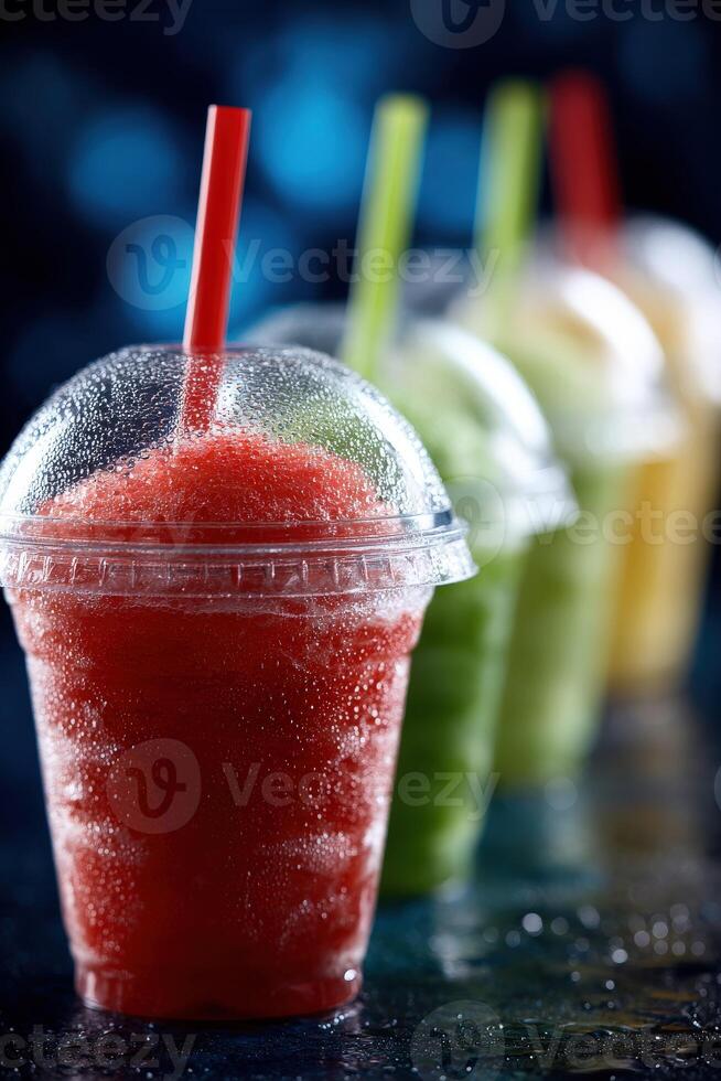 Refreshing slushy drinks in clear cups with colorful straws photo