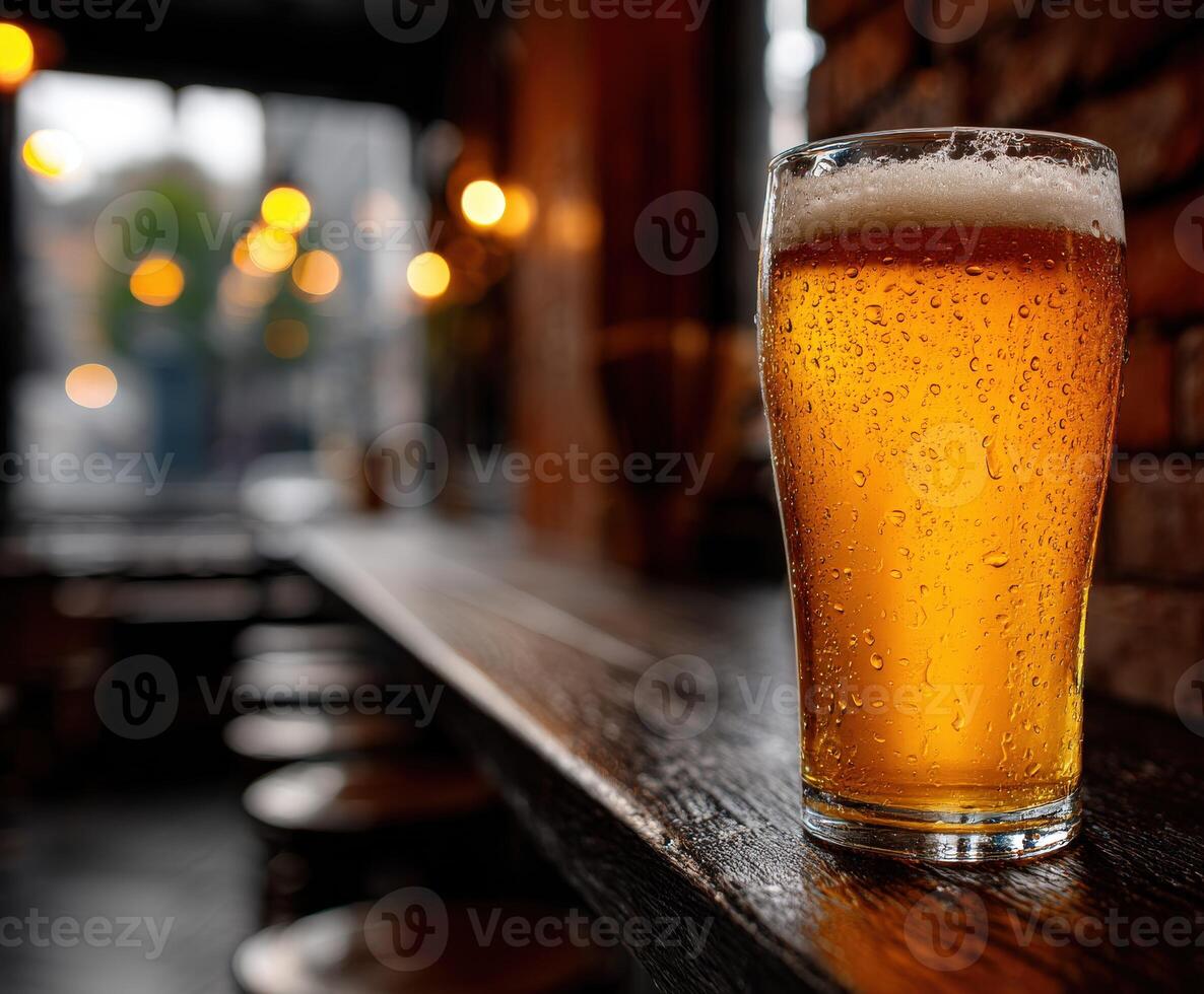 Refreshing beer served in a cozy bar setting during evening photo