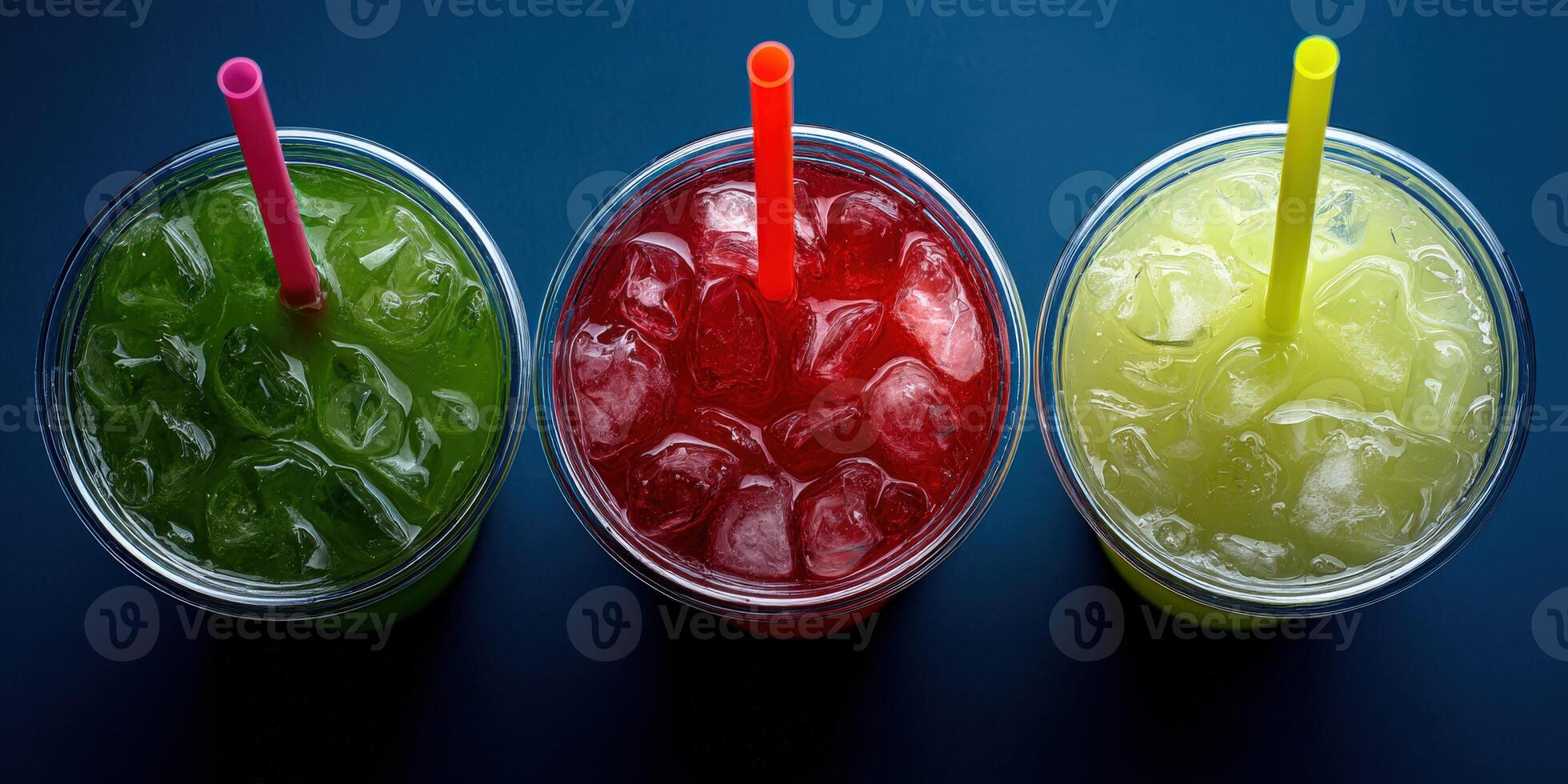 Colorful summer drinks in bright cups with ice photo
