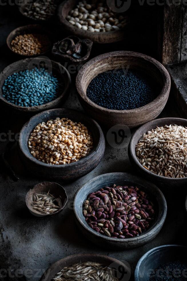 Colorful collection of dried seeds and legumes in bowls photo