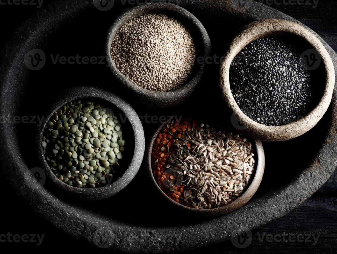 Colorful assortment of spices and seeds in stone bowls photo