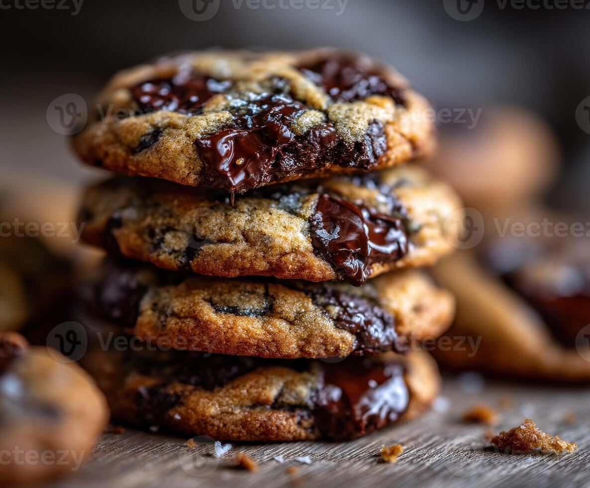 Warm chocolate chip cookies stacked on a wooden table photo
