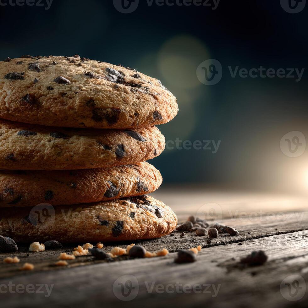 Stack of chocolate chip cookies on wooden table with dark background photo
