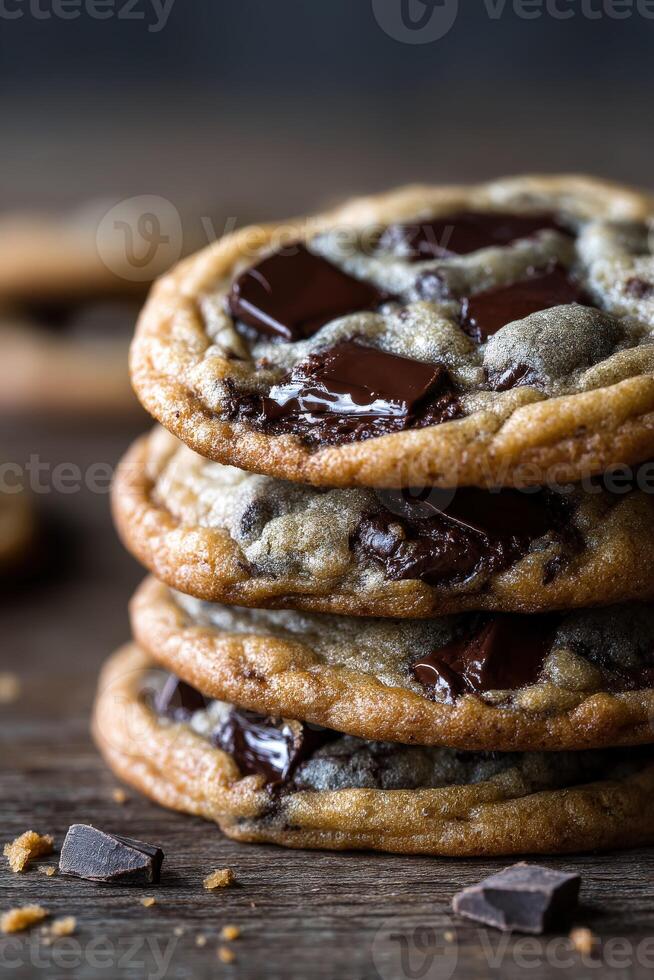 Delicious chocolate chip cookies stacked on rustic wood photo
