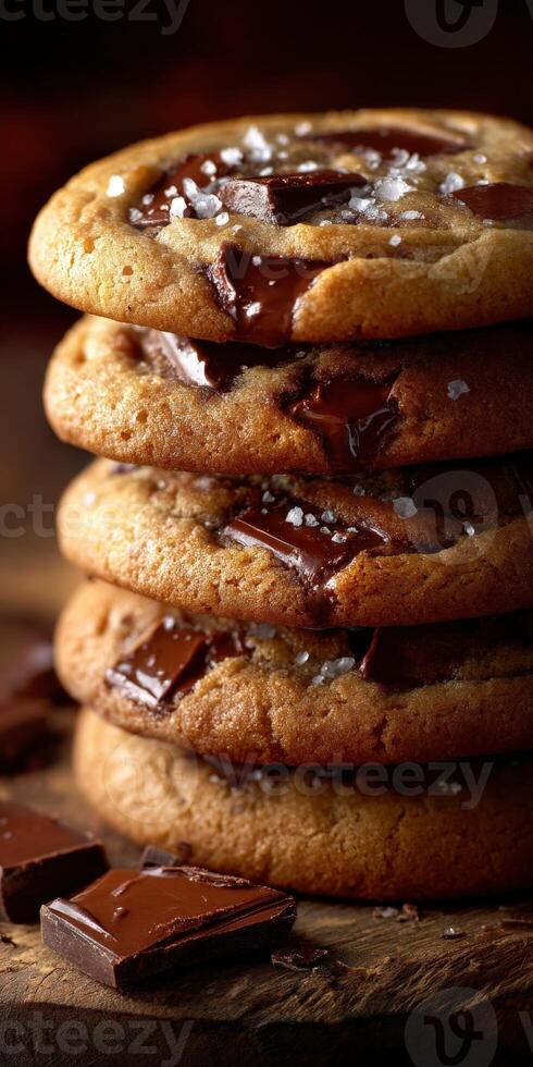Warm chocolate chip cookies stacked on a wooden surface photo