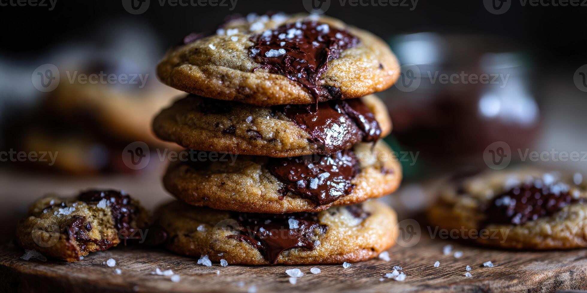 A stack of freshly baked chocolate cookies sits on a wooden board photo