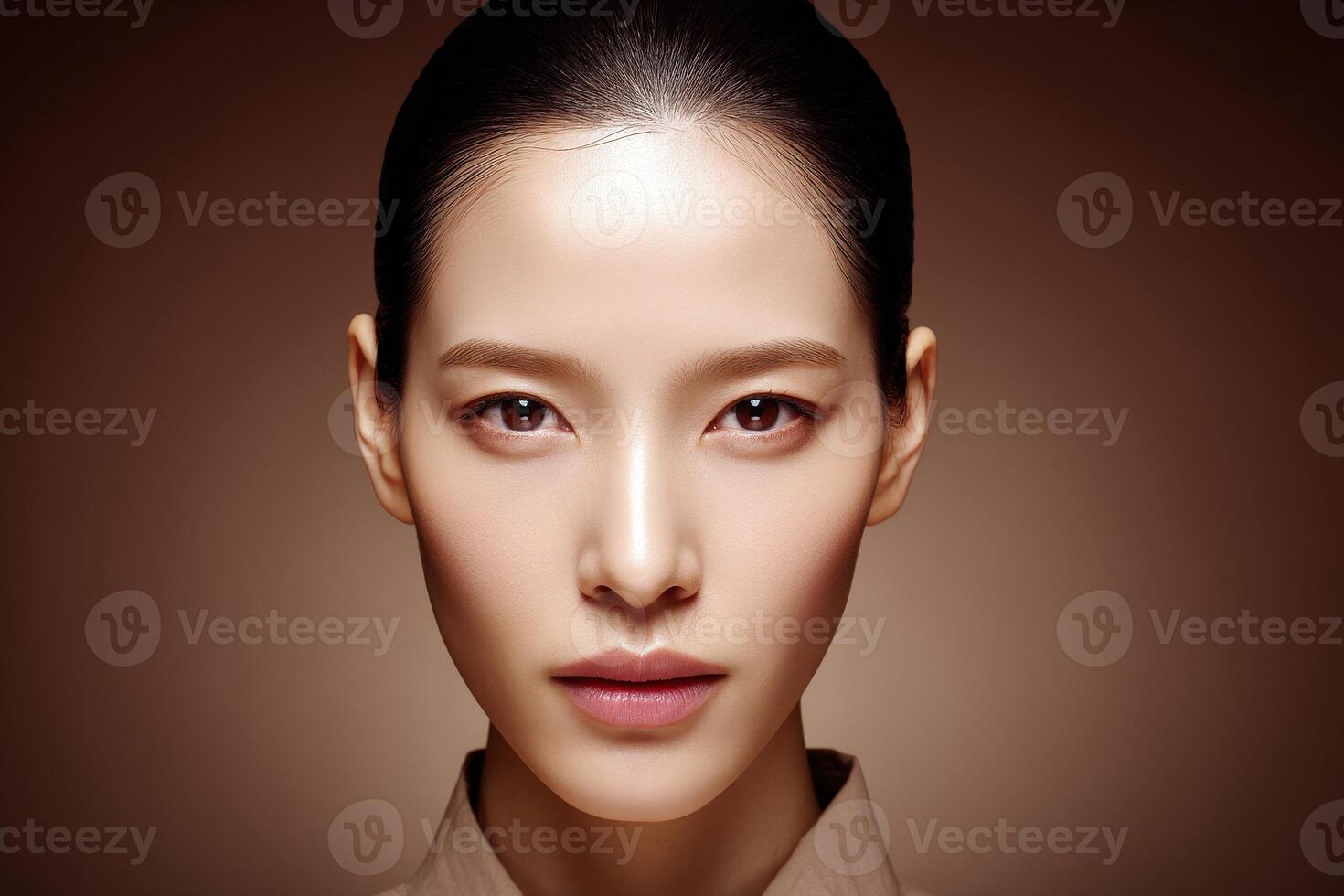 A woman gazes confidently at the camera with a calm demeanor photo