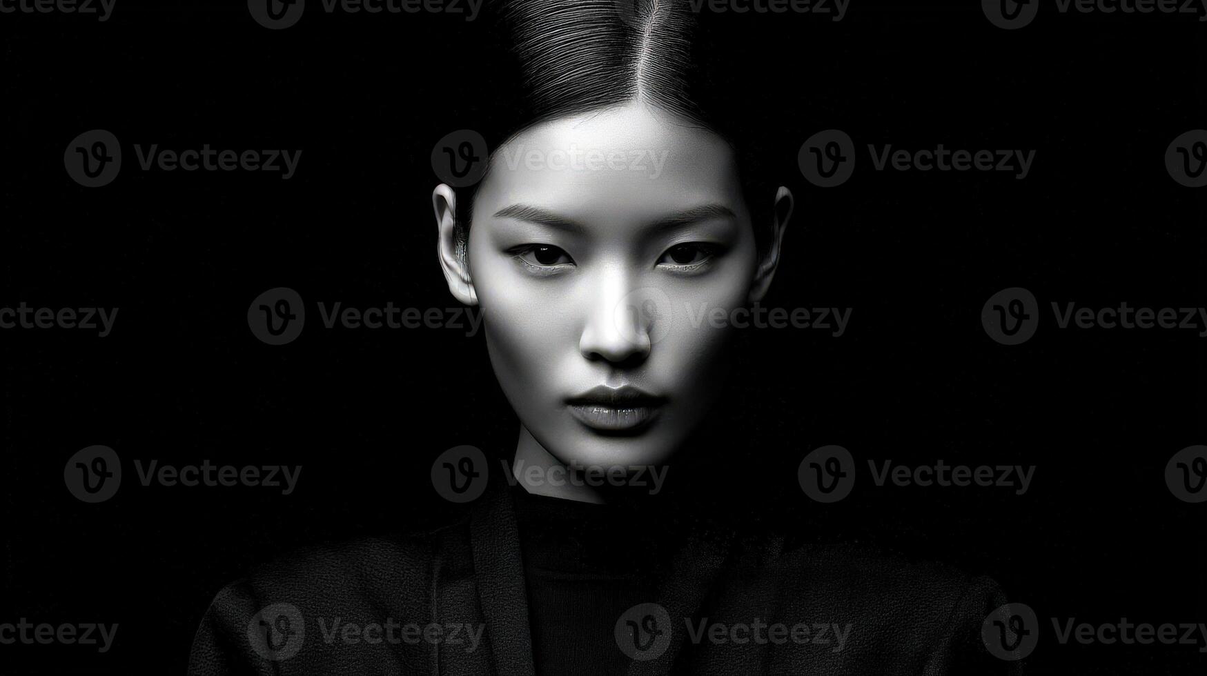 Model poses dramatically against a dark backdrop photo