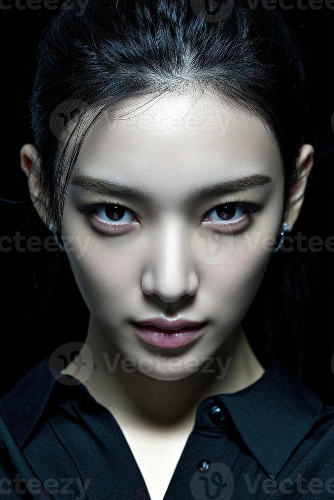 Intense portrait of a young woman with striking features photo
