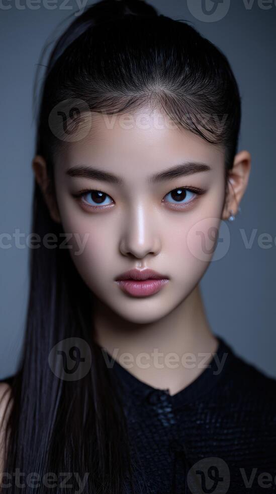 A beautiful young woman with long black hair and blue eyes photo