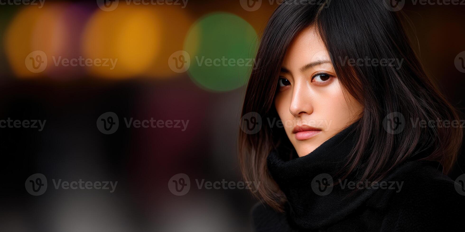 Young woman in urban setting with soft bokeh background photo