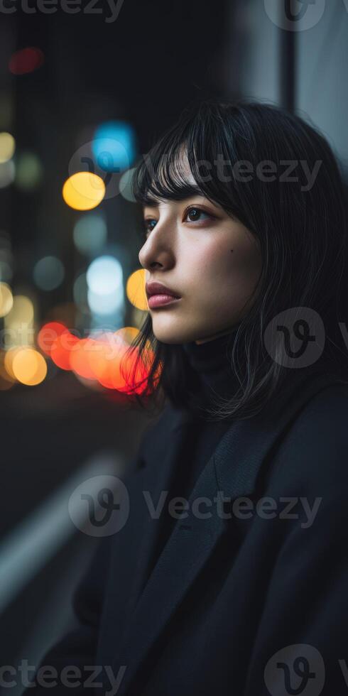 Portrait of a young woman in city lights at night photo
