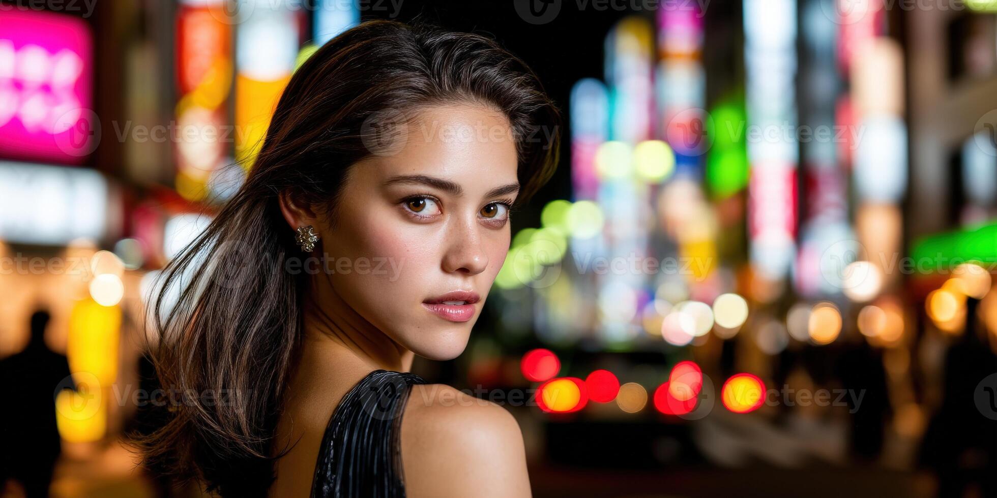 Model poses elegantly in urban nightlife setting photo