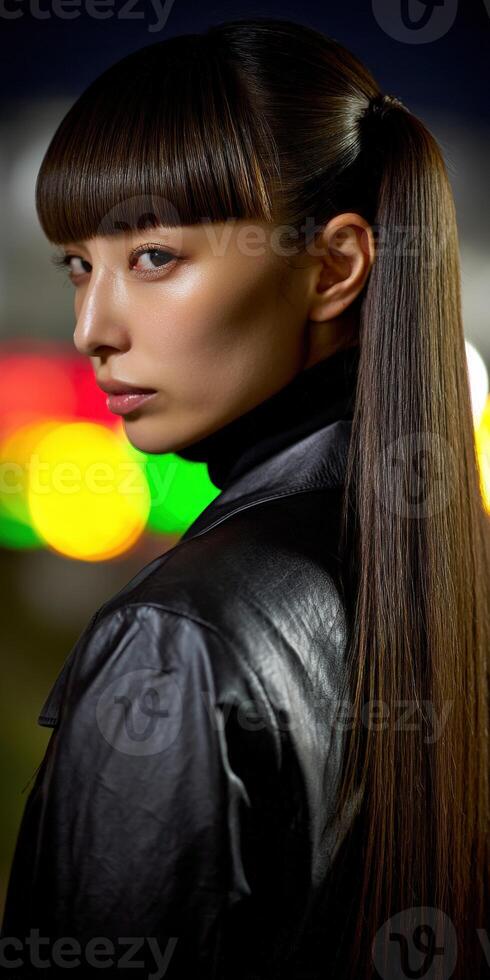 Stylish woman with long hair posing at urban night setting photo