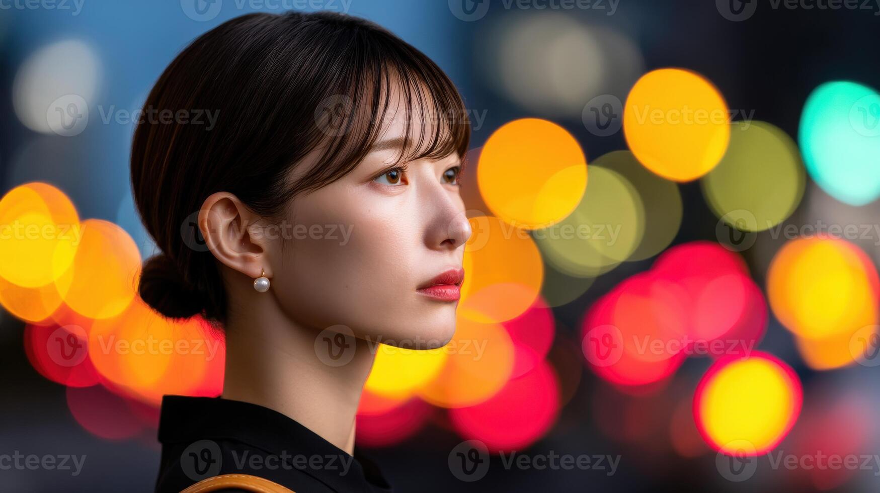 Young woman standing against a vibrant city backdrop at dusk photo