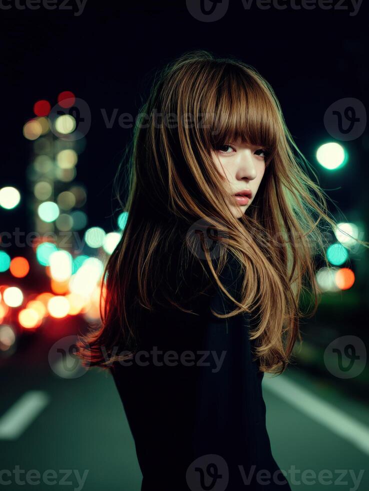 Nighttime portrait of a young woman on a city street photo