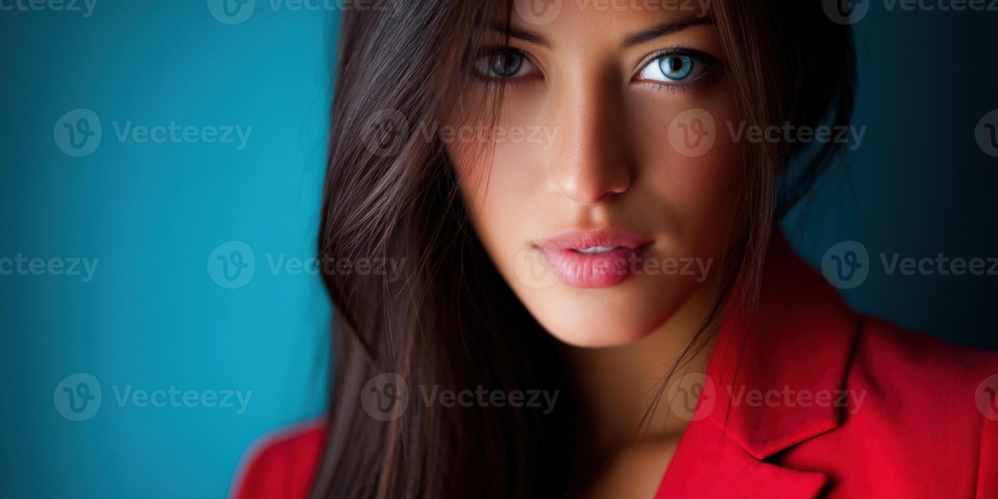 Young woman in a red blazer poses against a blue backdrop photo