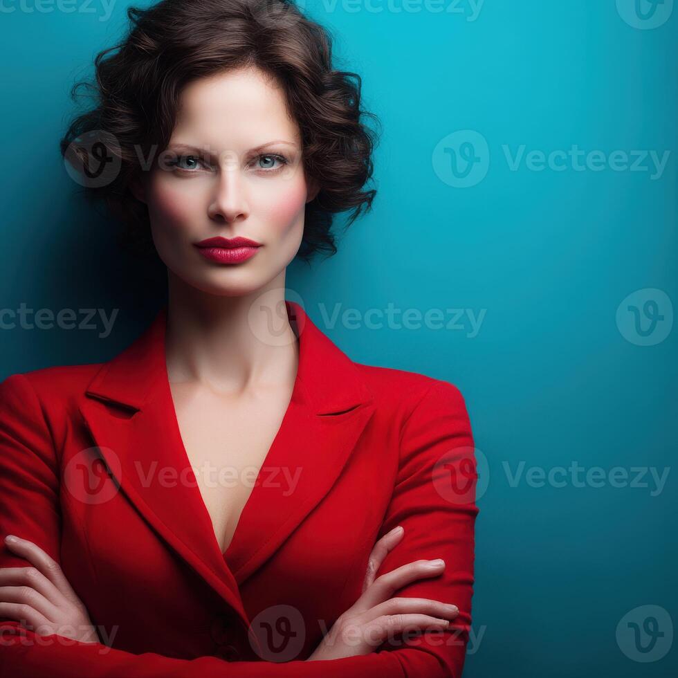 Confident woman in red blazer poses against blue background photo