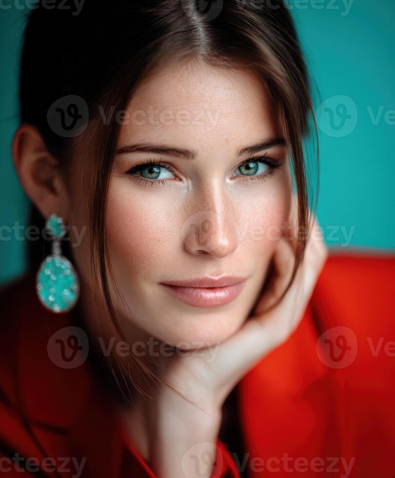 Woman in red attire with striking blue eyes poses gracefully photo