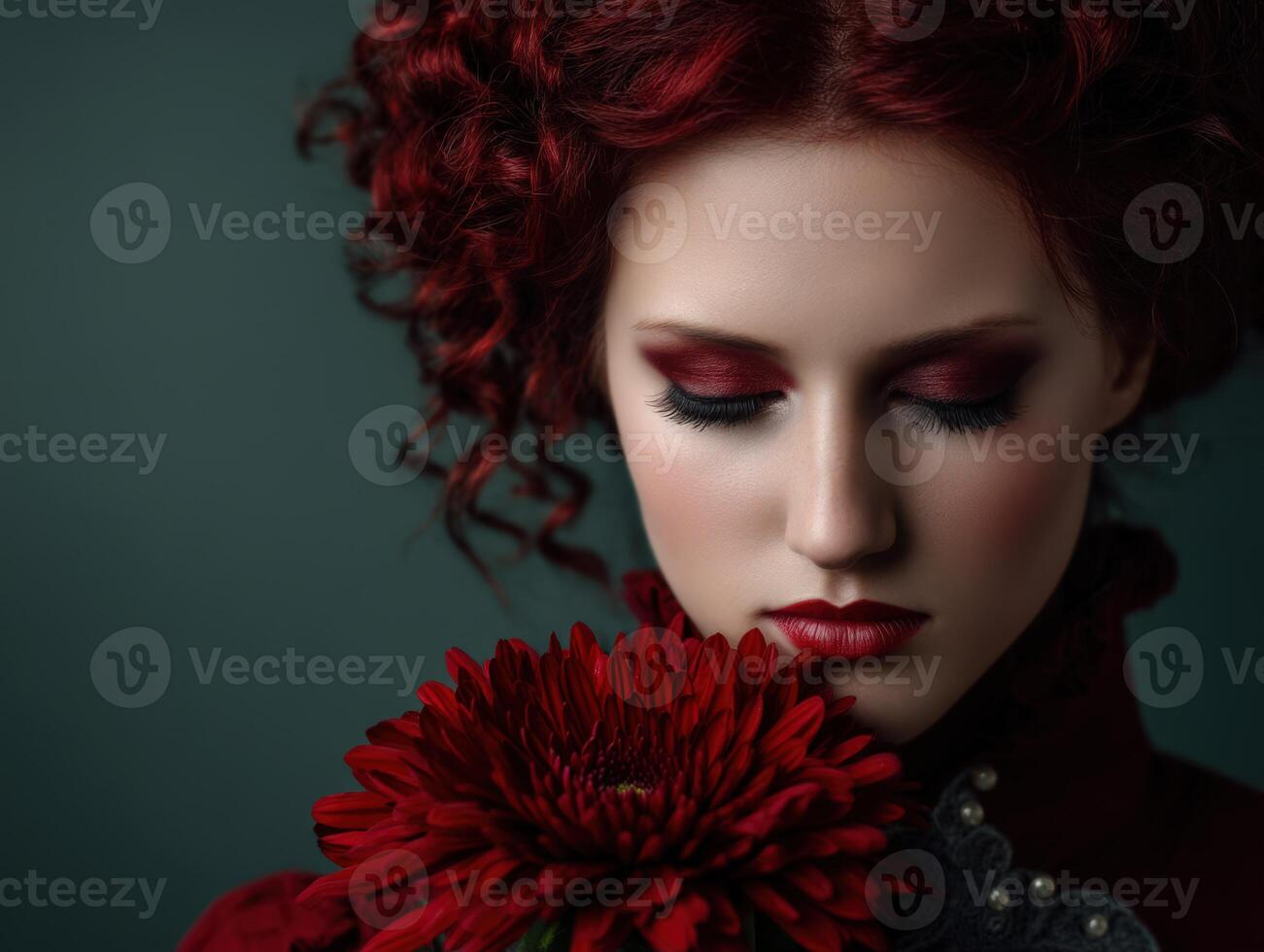 Beautiful woman with red curls and flower portrait in autumn photo