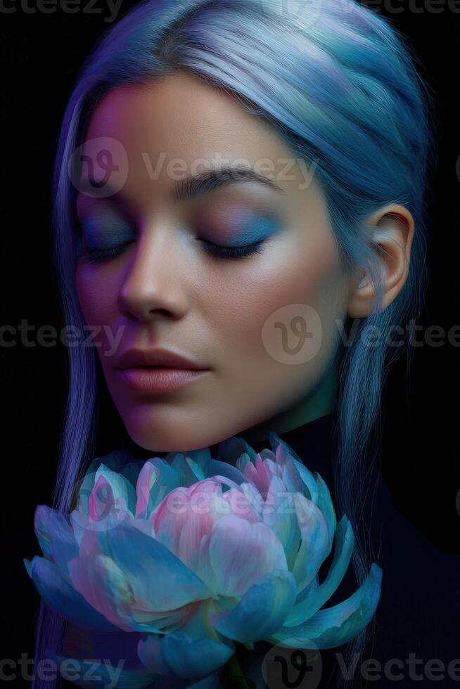 Model with blue hair and flower against dark background photo