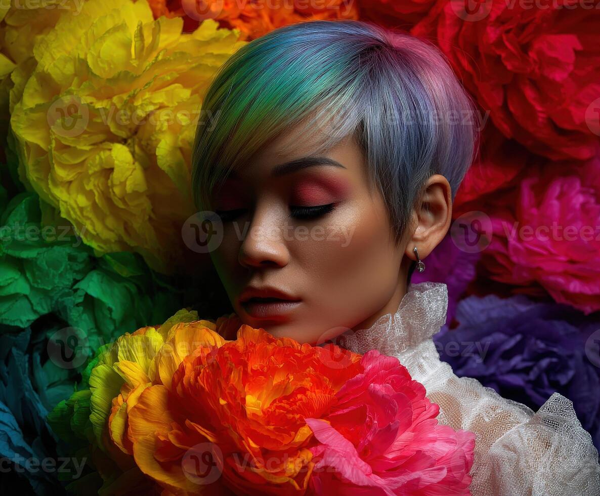 Colorful floral portrait with a model in vibrant surroundings photo