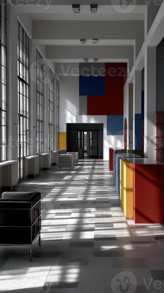 A large room with colorful walls and a large window photo
