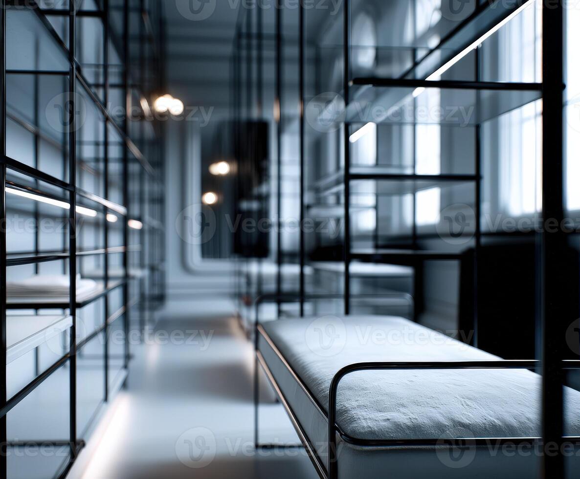 A long hallway with a bed in the middle photo