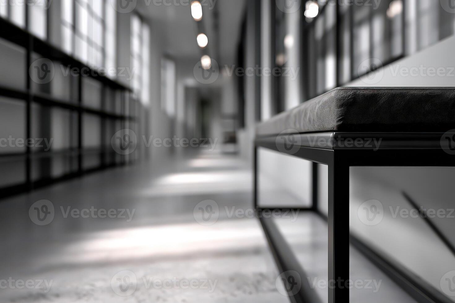 A bench sitting in a hallway with a lot of shelves photo