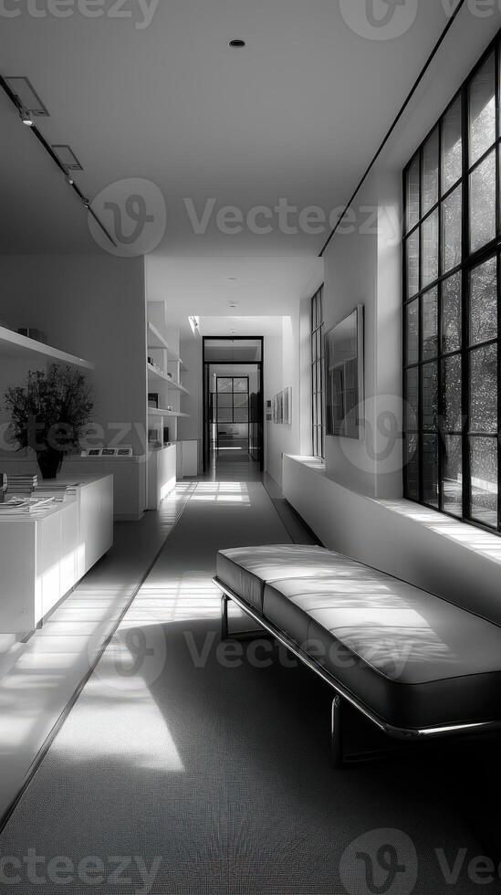 A black and white photo of a hallway with a bench