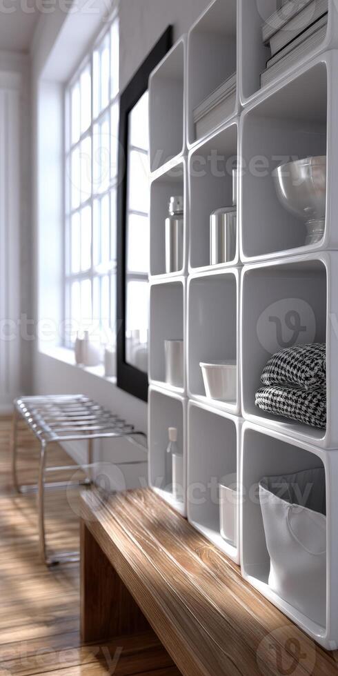 A white shelf with a bowl and a bowl on it photo