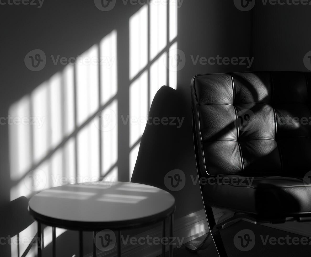 Black and white photo of a chair and table